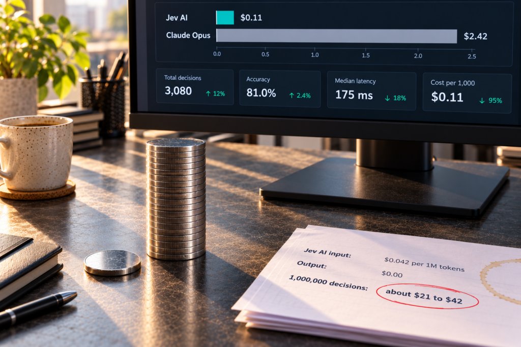 Jev AI versus Claude Opus cost comparison showing $0.11 versus $2.42 per 1,000 requests, with benchmark accuracy and latency metrics.