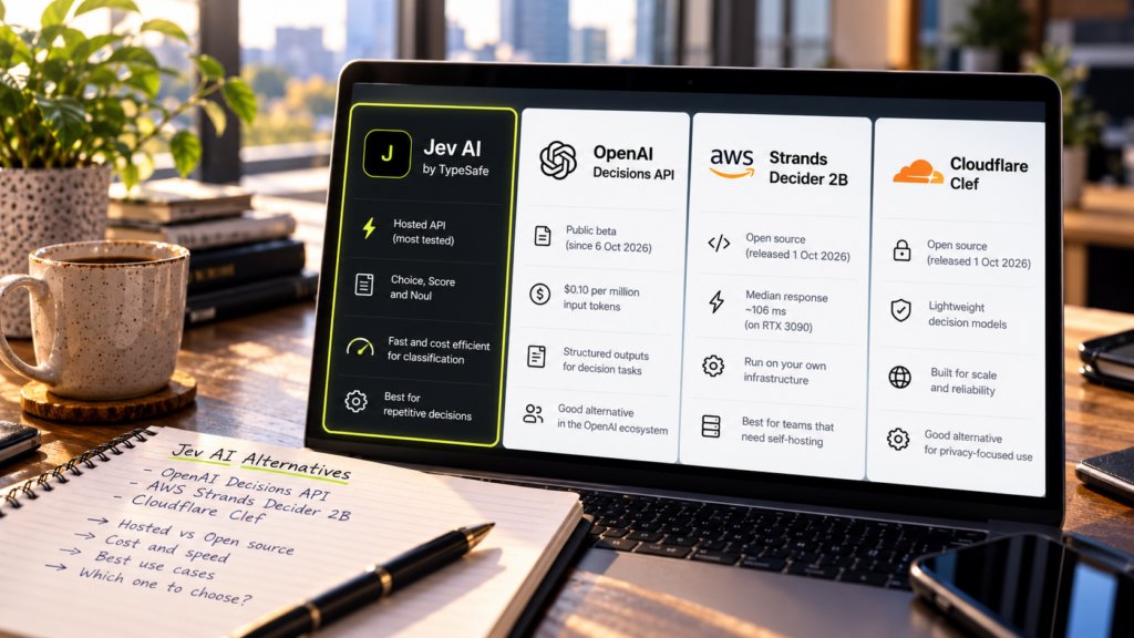Jev AI alternatives comparison displayed on a laptop, featuring OpenAI Decisions API, AWS Strands Decider 2B, and Cloudflare Clef, with differences in pricing, hosting, speed, privacy, and use cases.