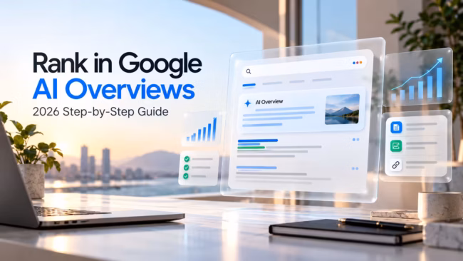 Conceptual illustration of Google AI Overviews, search results, and SEO performance for a 2026 optimization guide.