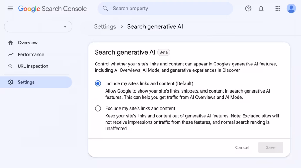 Bauer Bodoni guide illustrating Google Search Console’s Search generative AI settings, with the option to include website links and content in AI Overviews selected by default.