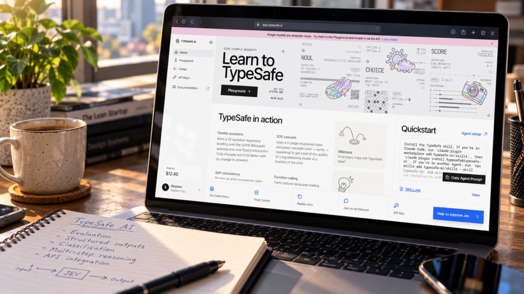 Laptop displaying a TypeSafe AI workspace for Jev AI beside handwritten notes on classification and structured outputs.