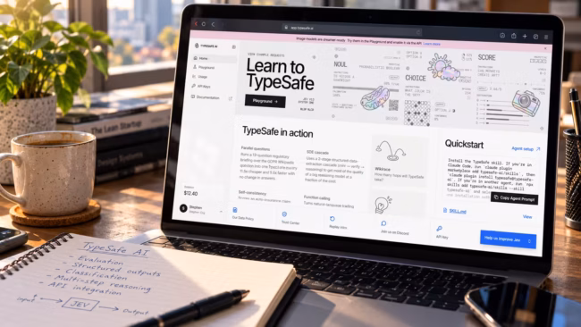 Laptop displaying a TypeSafe AI workspace for Jev AI beside handwritten notes on classification and structured outputs.