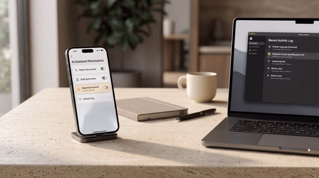 AI assistant safety and permission controls displayed on a smartphone beside a laptop.